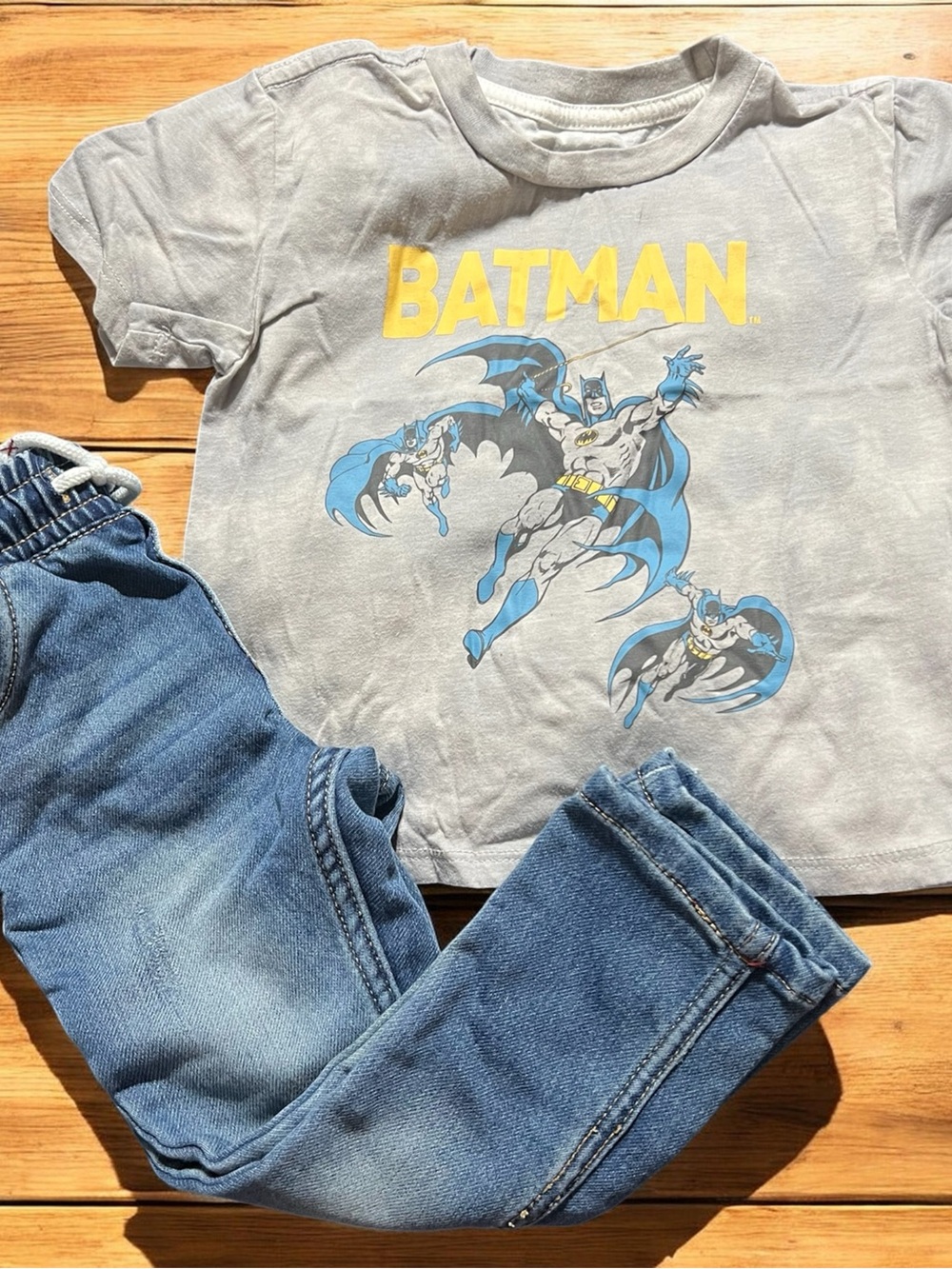 Batman Kids Gray Graphic Tee - DC Comics and blue jeans